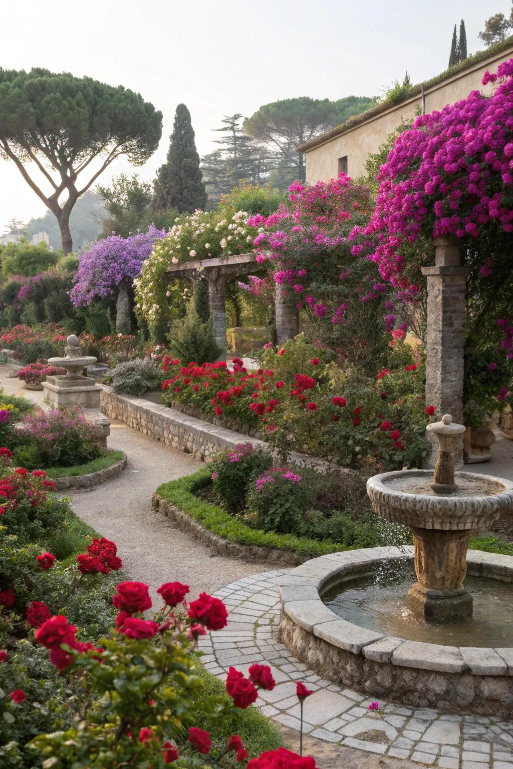 Vibrant roses and bougainvillea bringing color to the garden.