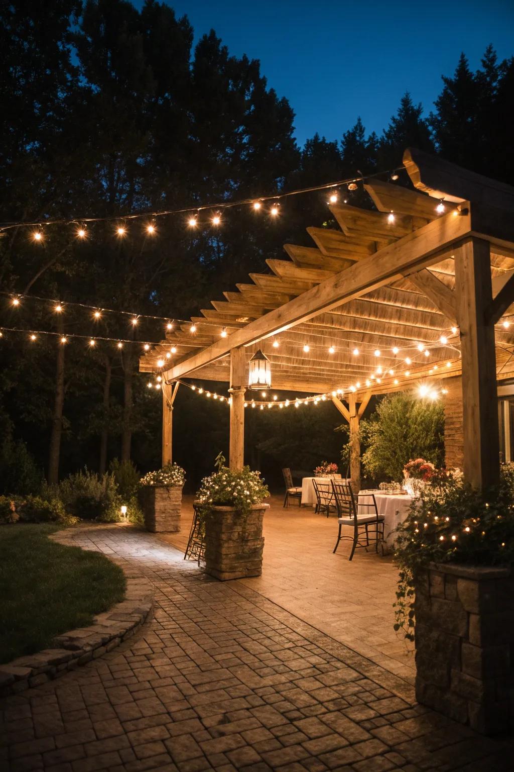 Ambient lighting gives this pergola a magical evening glow.