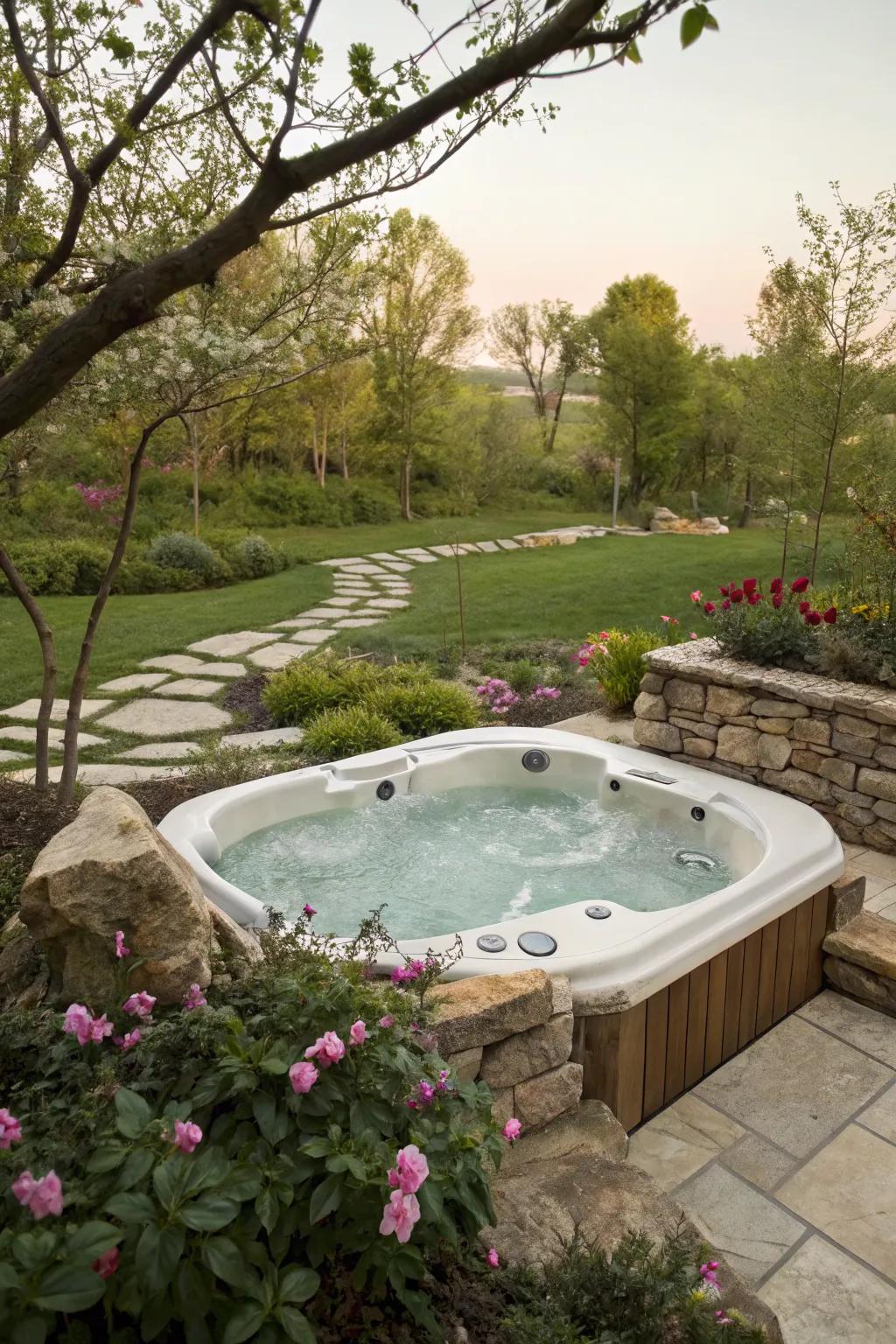 A rustic jacuzzi framed by elegant natural stone accents