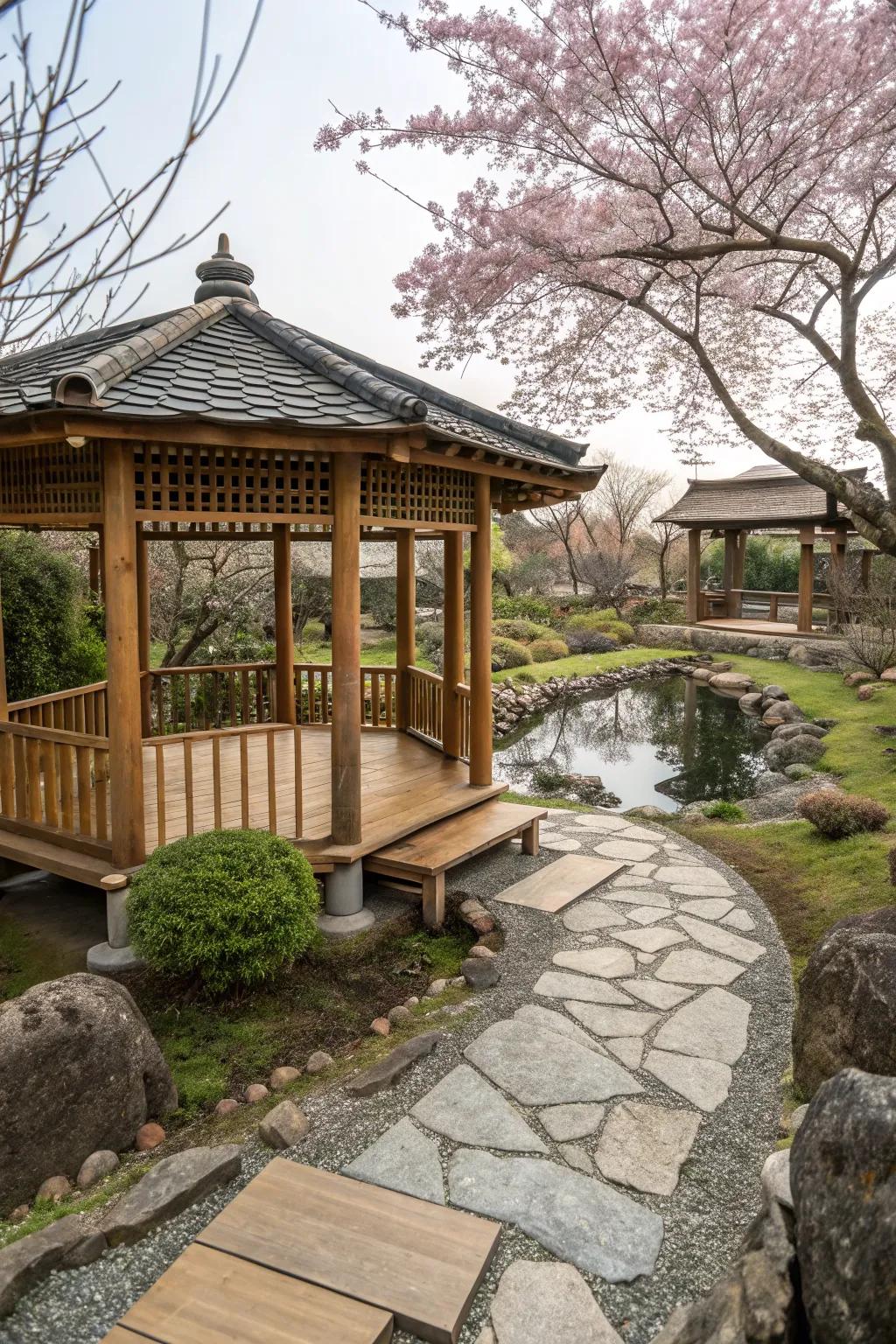 A traditional tea house offering a serene retreat in a Japanese backyard.