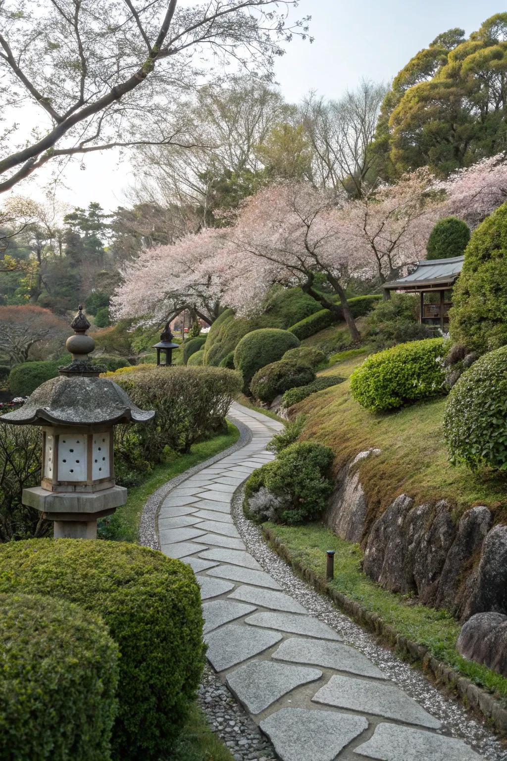 Gently curving stone path in a Japanese tea garden, inviting exploration.