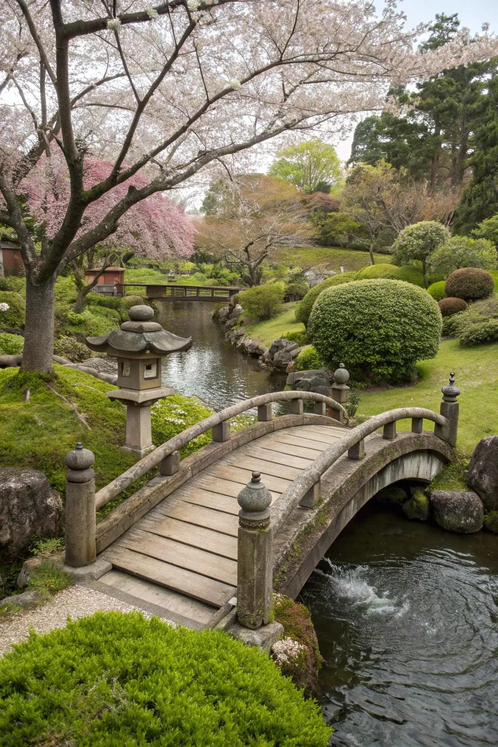 A small bridge adds charm and a touch of adventure to your garden.
