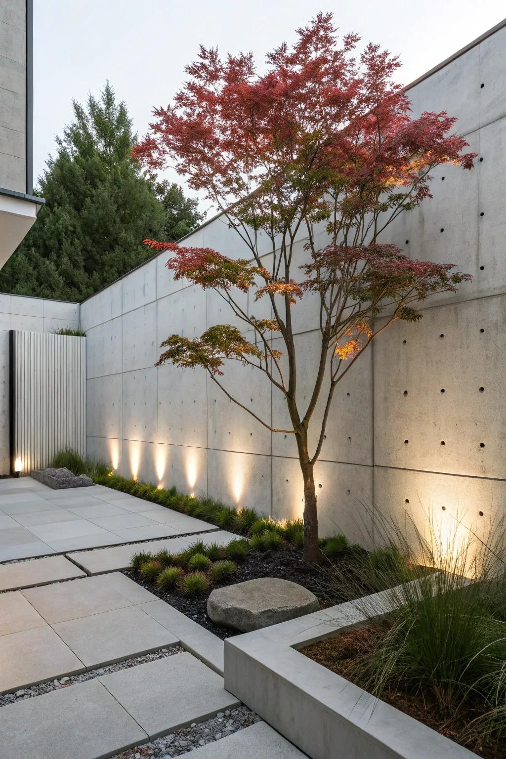 Modern minimalism shines with a single Japanese maple.