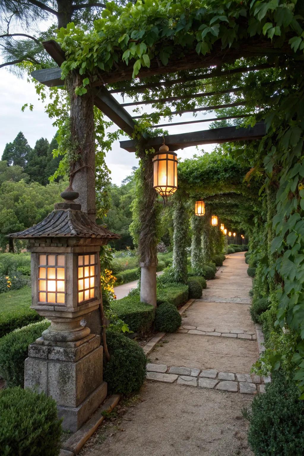 A trellis complemented by stone lanterns enhances the garden ambiance.