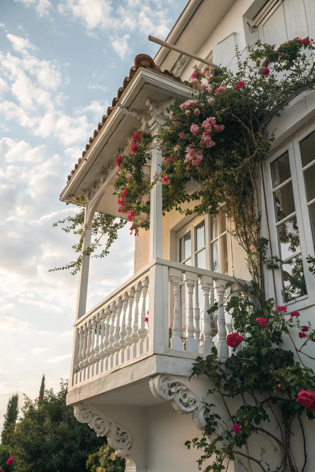 A bright and elegant Juliet balcony with white railings.