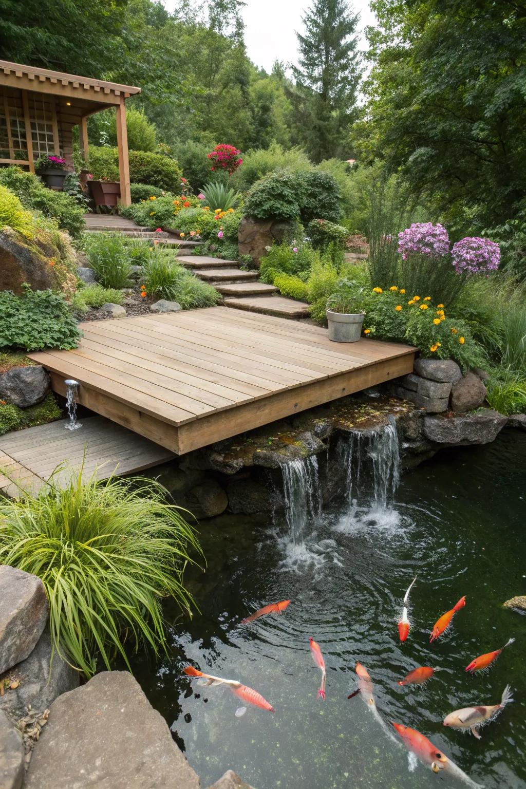 A floating deck offers a perfect spot to enjoy your koi pond and waterfall.