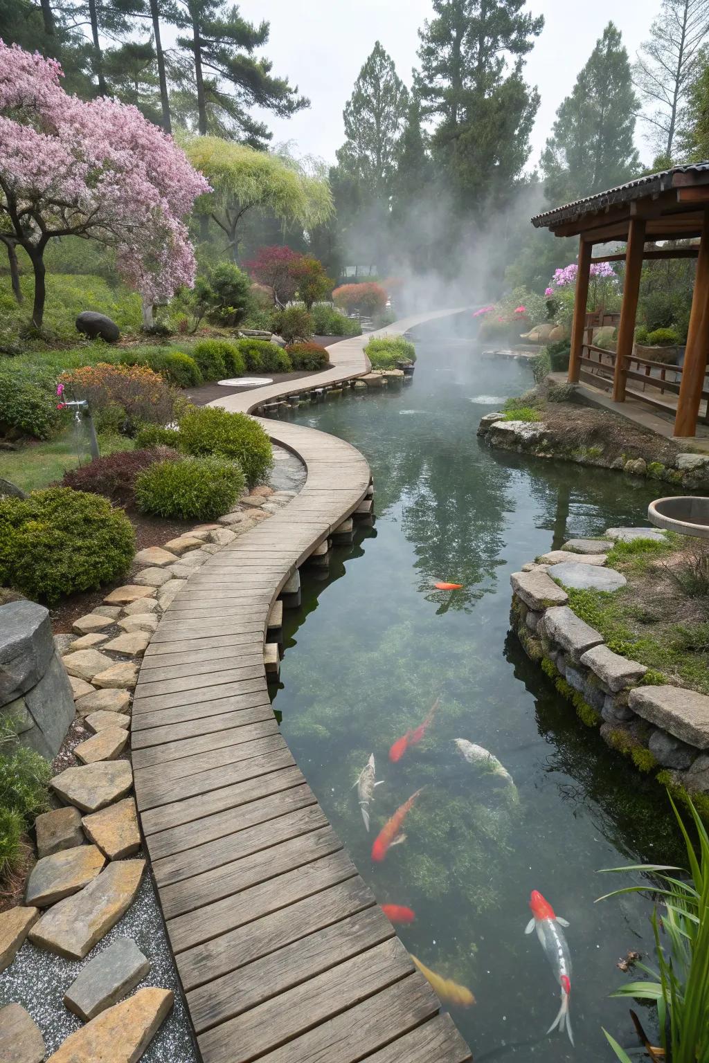 Inviting pathways providing access and charm around a koi pond.