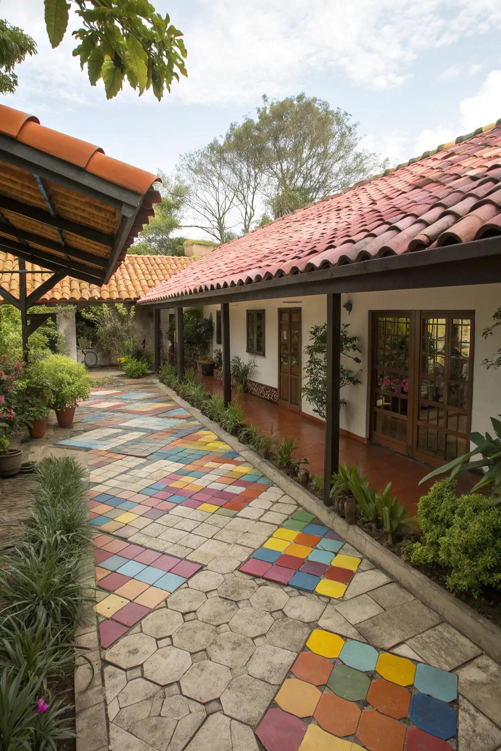 Colorful tiles add a playful vibe to this L-shaped patio.