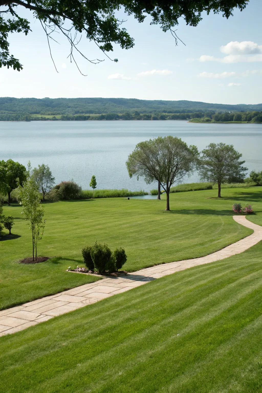 An open lawn offering space for leisure and lake views.