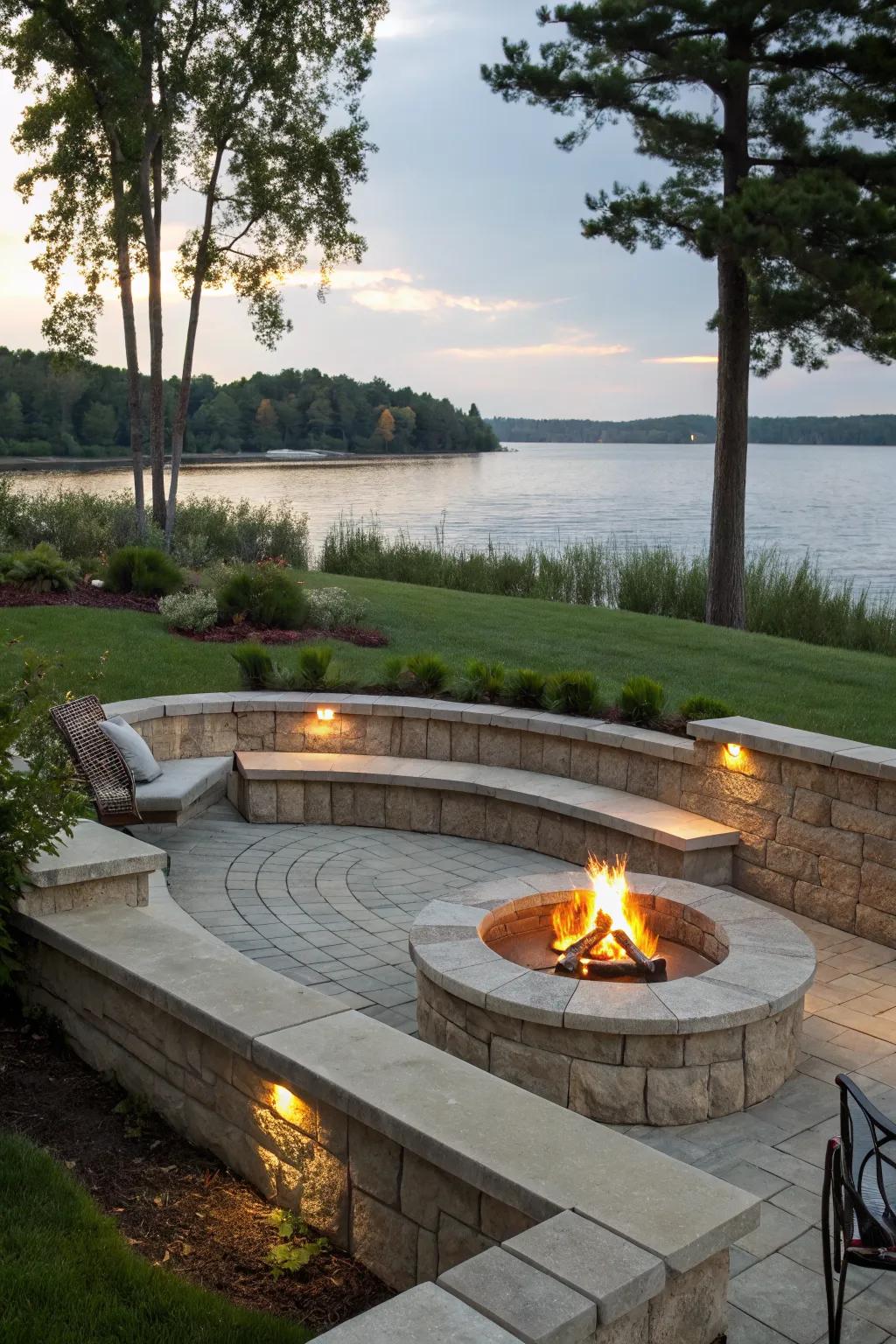 A cozy lakeside lounge area with built-in seating and a fire pit.