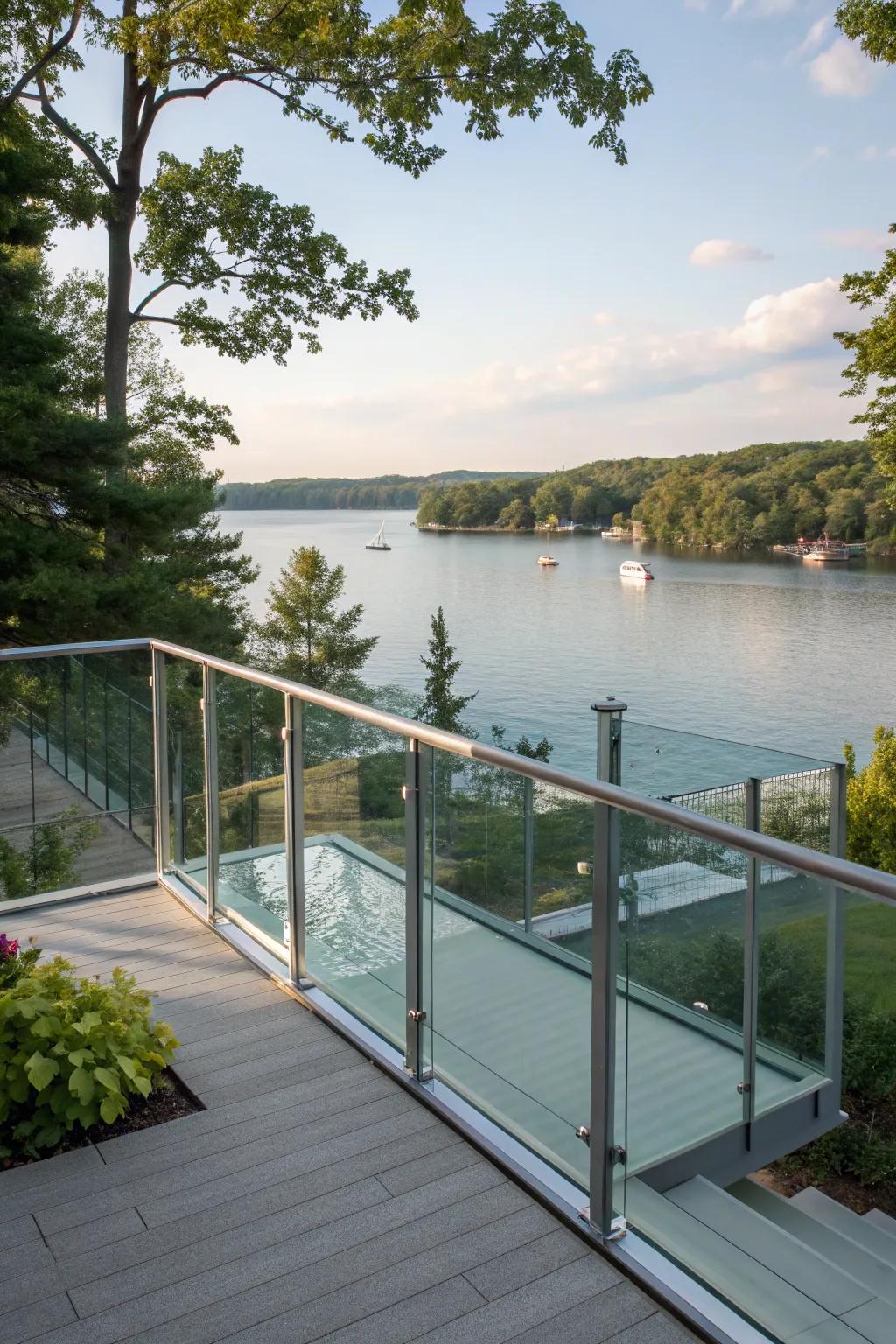 Glass railings that combine safety with style on a lakefront deck.