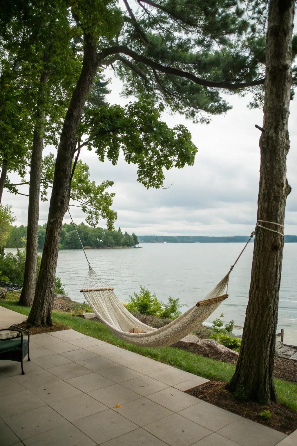 A hammock offering the perfect spot for lakeside relaxation.