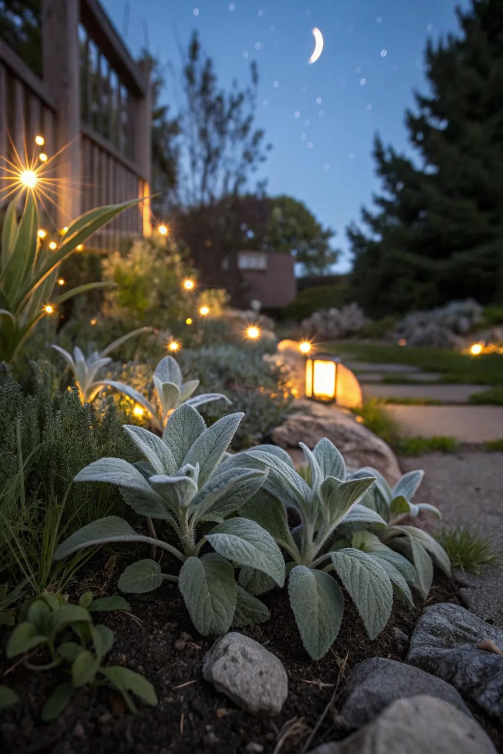 Lamb's ear shines with a magical glow in a moonlit garden.