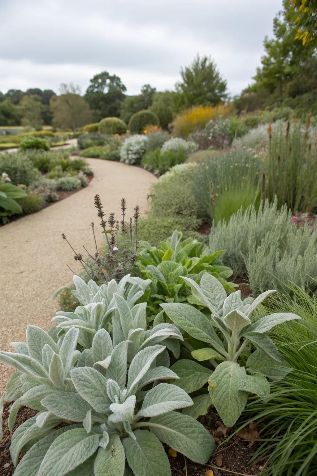 Sensory garden inviting touch with the soft leaves of lamb's ear.
