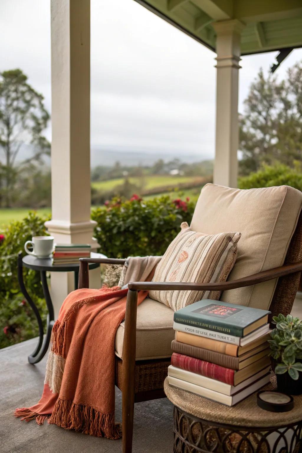 A reading nook offers a serene escape on your lanai.