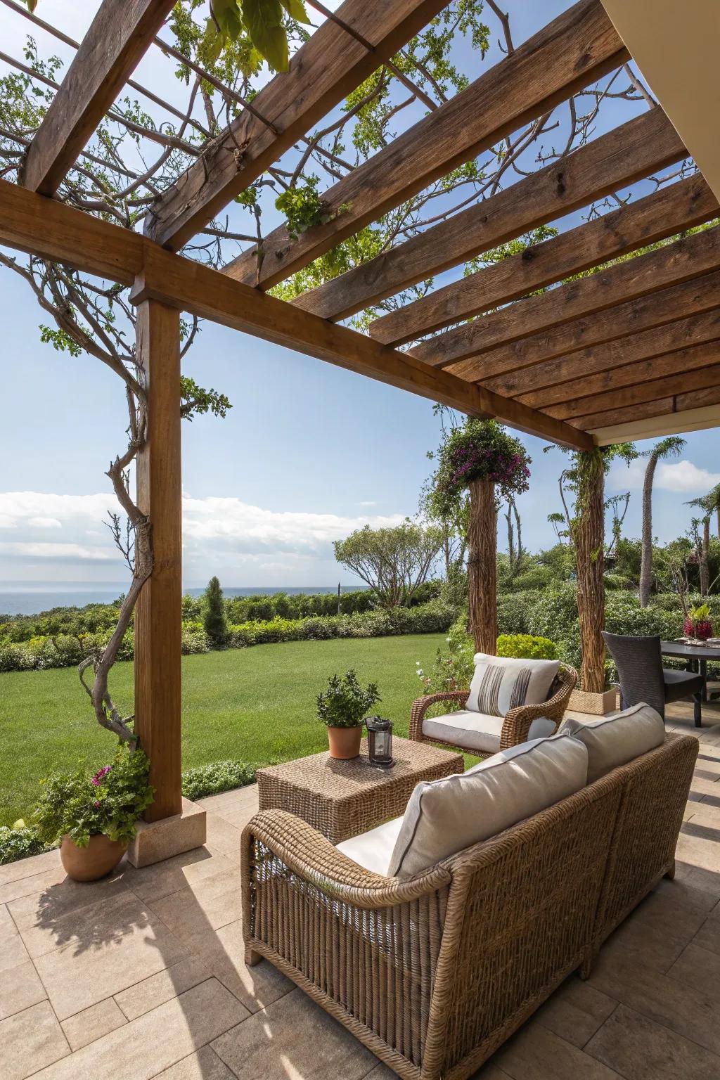 A pergola adds charm and shade.