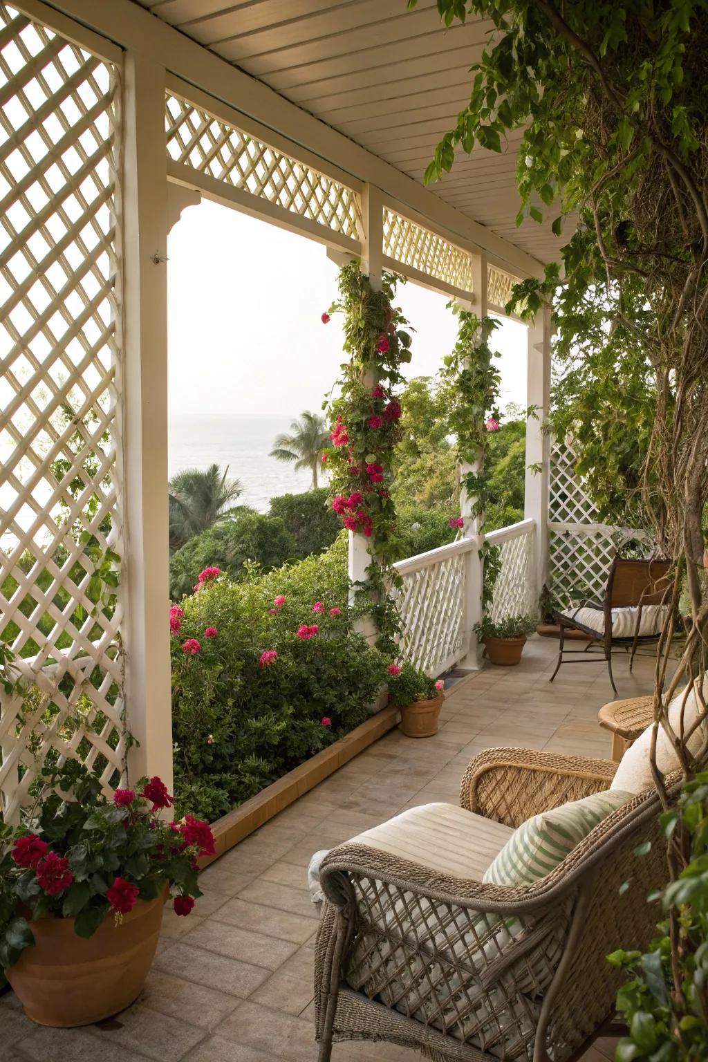 Lattice screens with climbing plants create a private and elegant lanai.
