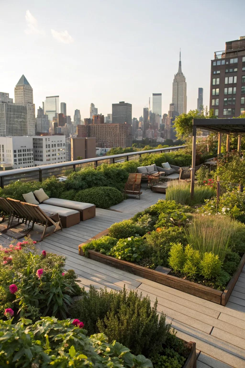 A rooftop garden serving as a green escape in the city.