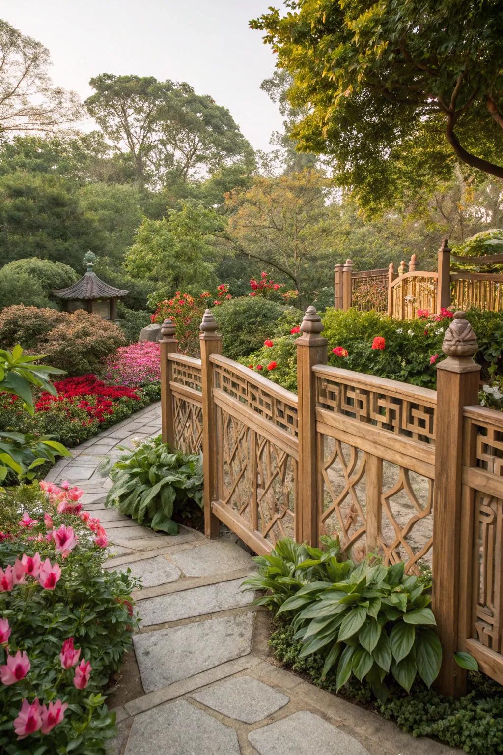 Decorative wooden fences add charm and define garden spaces elegantly.