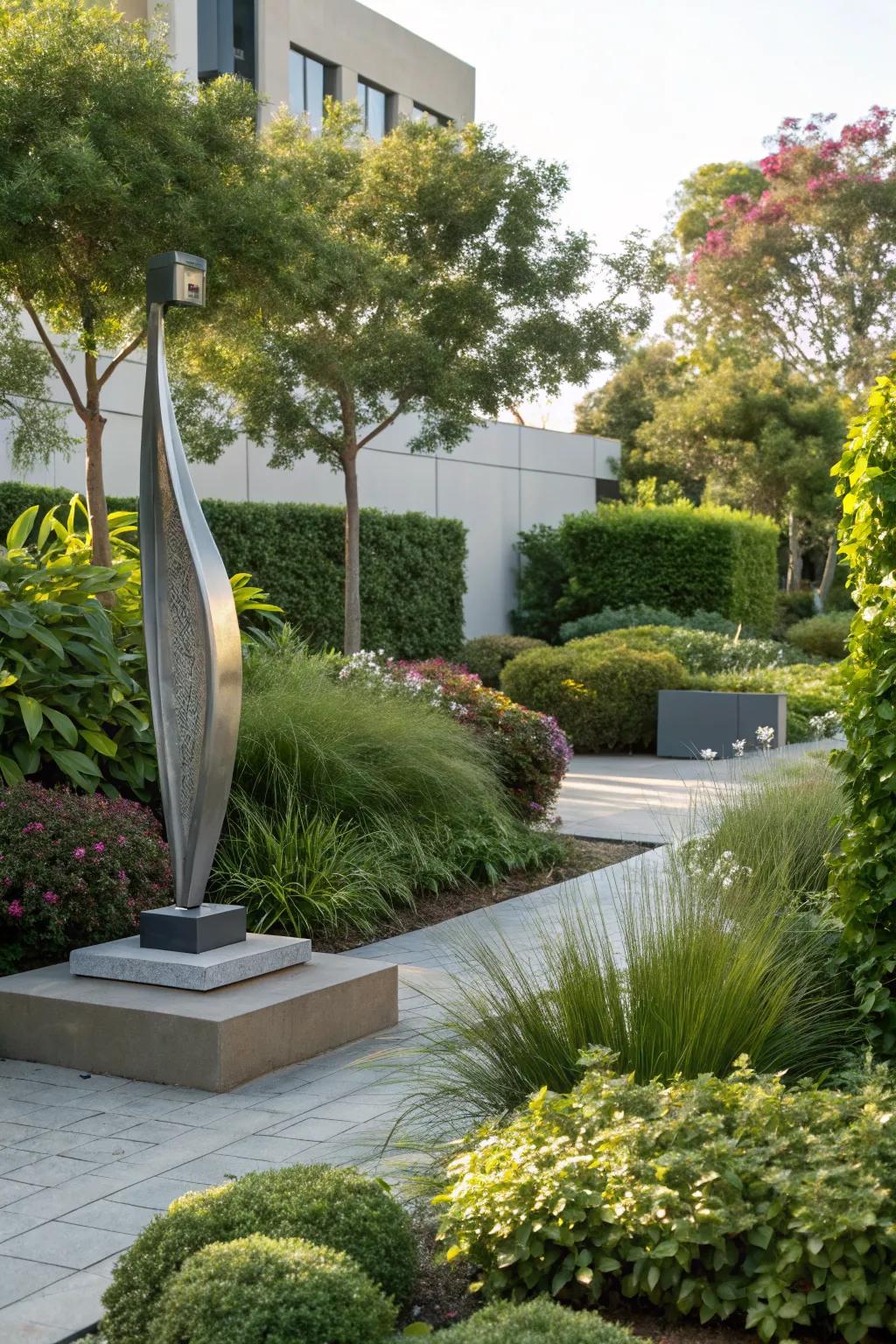 A modern sculpture adds an artistic touch to the landscape.