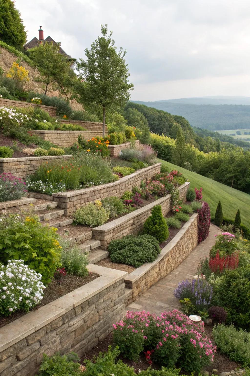 Terraced gardens create layers of interest on sloped landscapes.