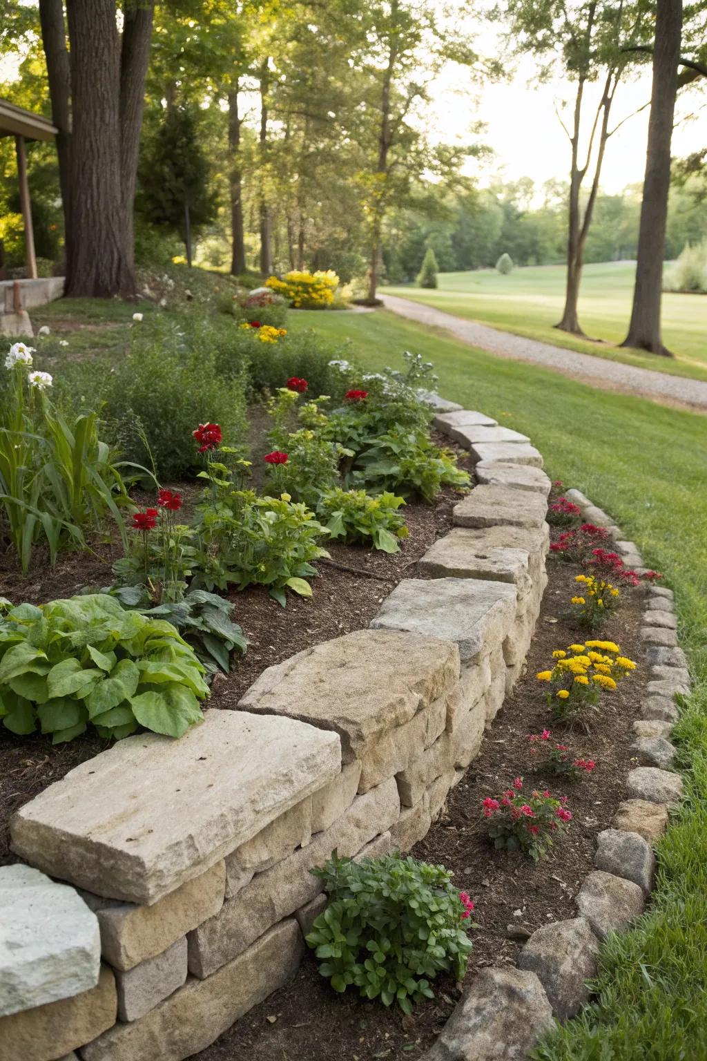 Stone edging doubling as a functional retaining wall.