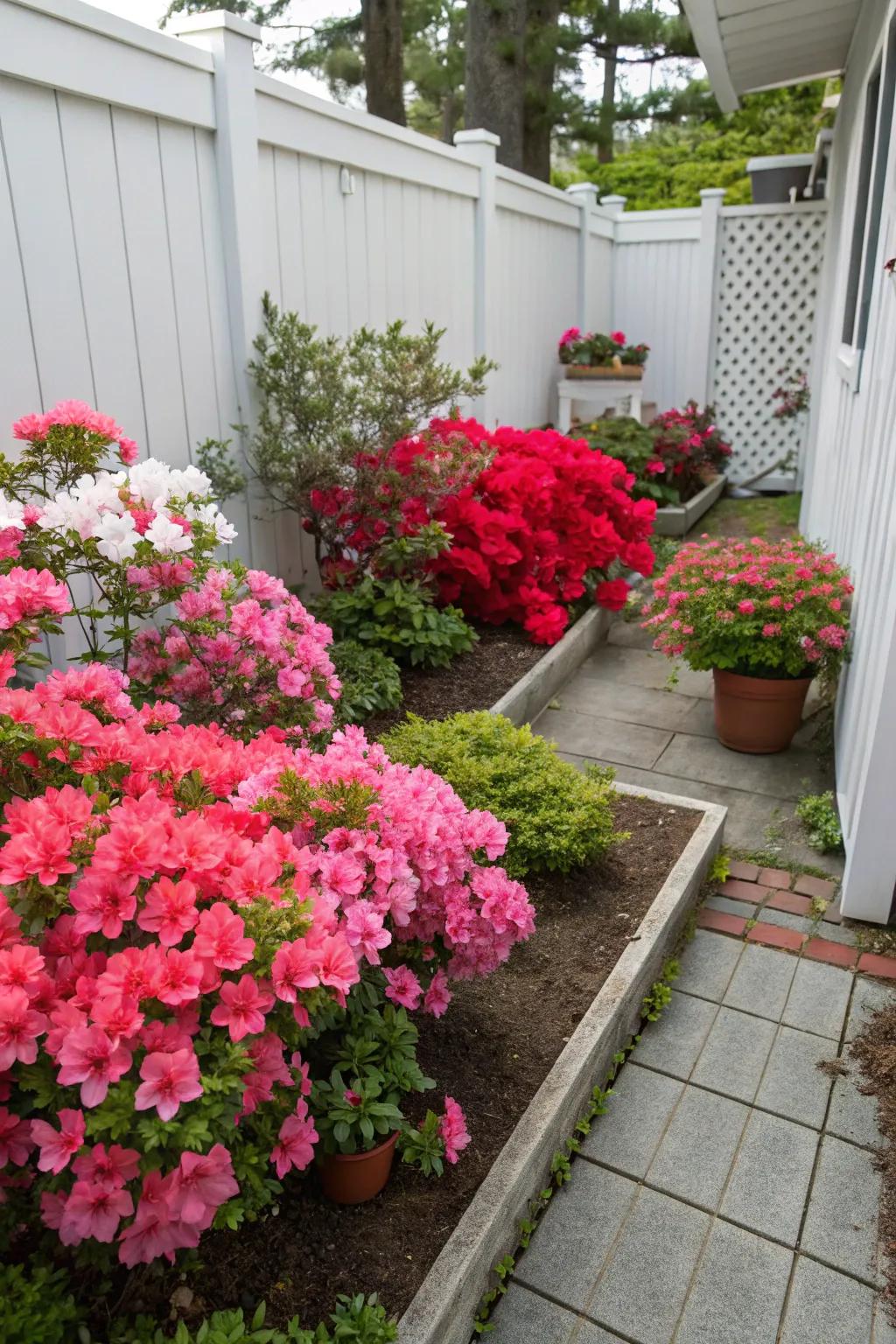 Dwarf Encore Azaleas in a compact garden setting.
