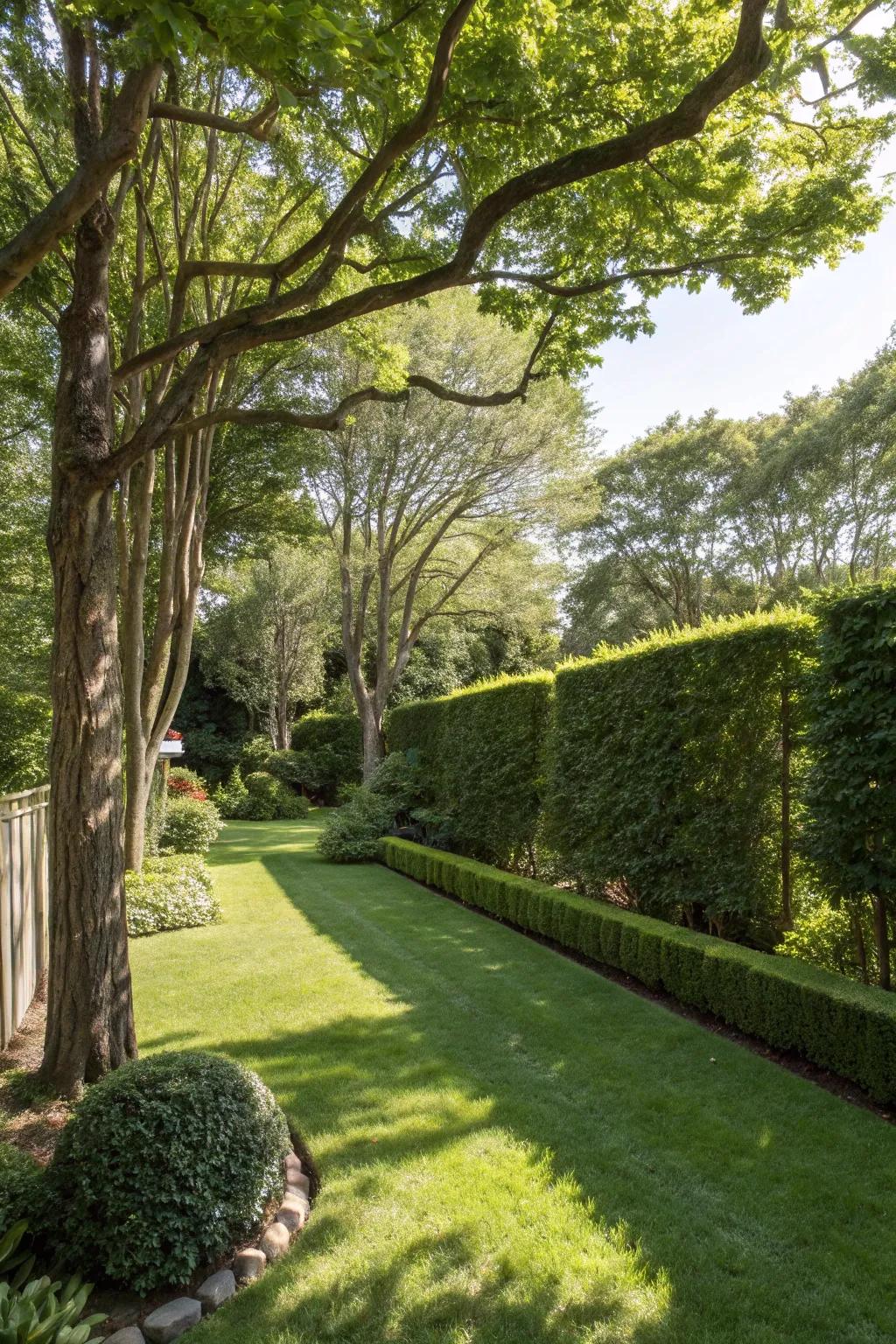 Natural privacy created by tall hedges and trees.