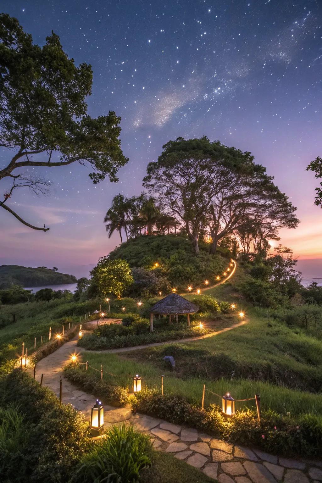 A beautifully lit landscape island for enchanting nights.