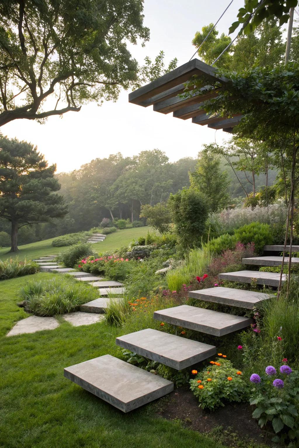 Floating steps add a whimsical charm to this garden.
