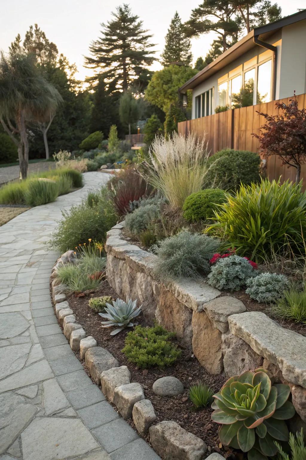 Varied textures in stone edging add character.