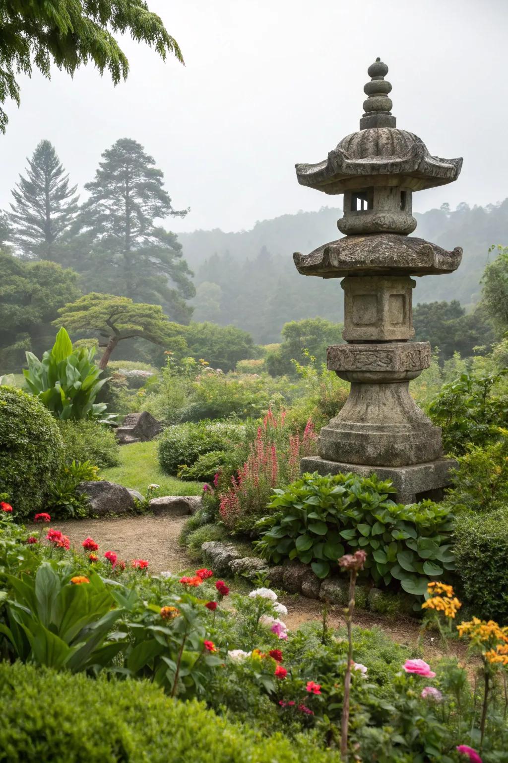 A striking stone sculpture adding artistic flair to the garden.