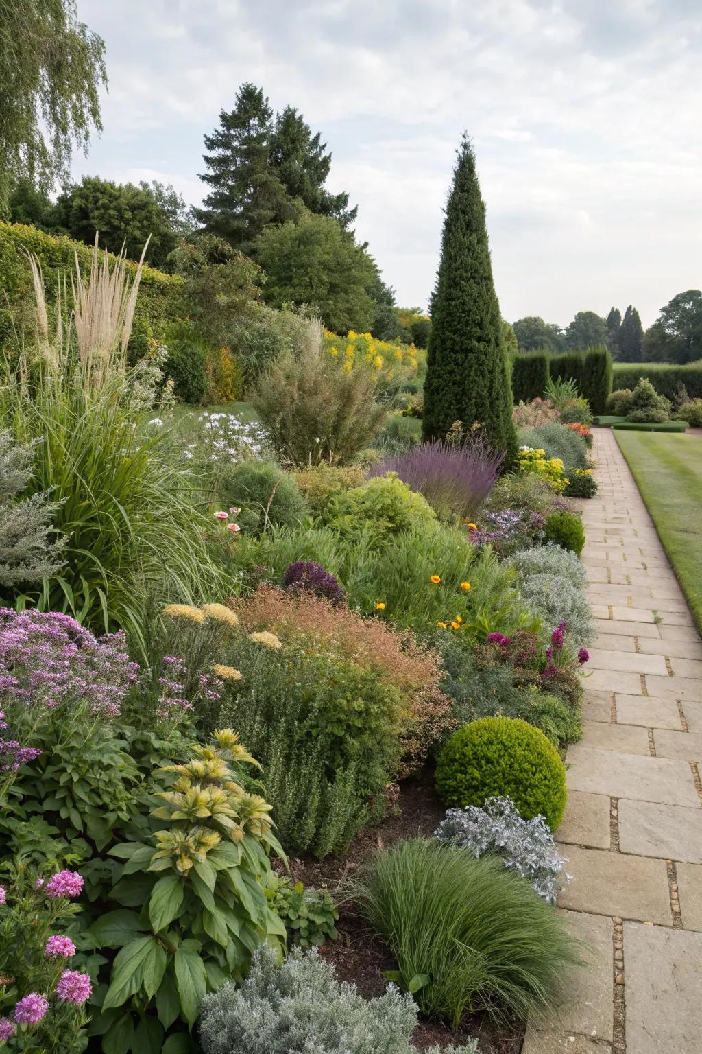 Layered plantings add depth and dimension to garden edges.