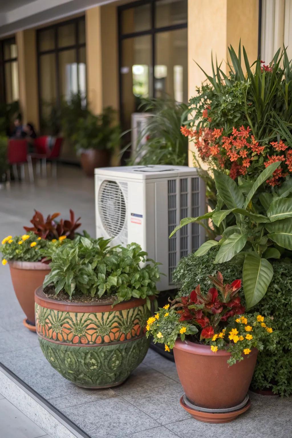 Chic potted plants providing a flexible and stylish concealment for an AC unit.