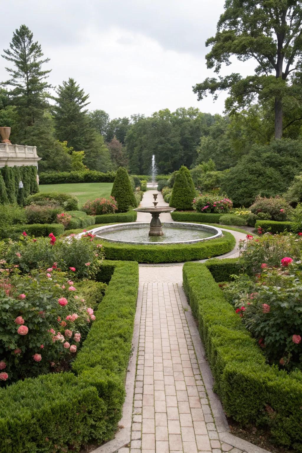 A classic symmetrical garden design featuring a central fountain.