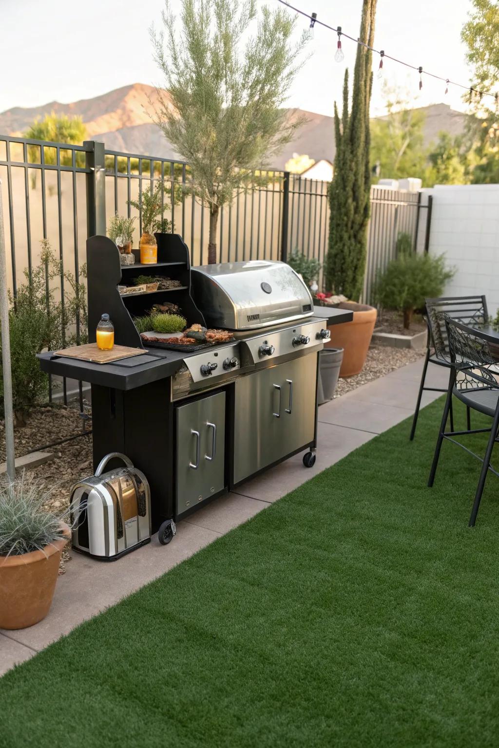 A functional grill station on vibrant artificial grass, perfect for outdoor gatherings.