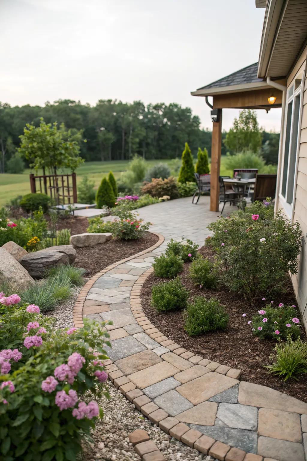 Decorative stones and mulch add texture to patio landscaping.