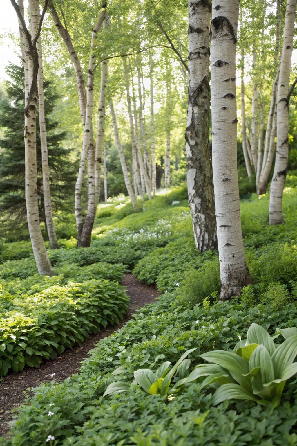 Groundcovers create a lush, uniform base around birch trees.
