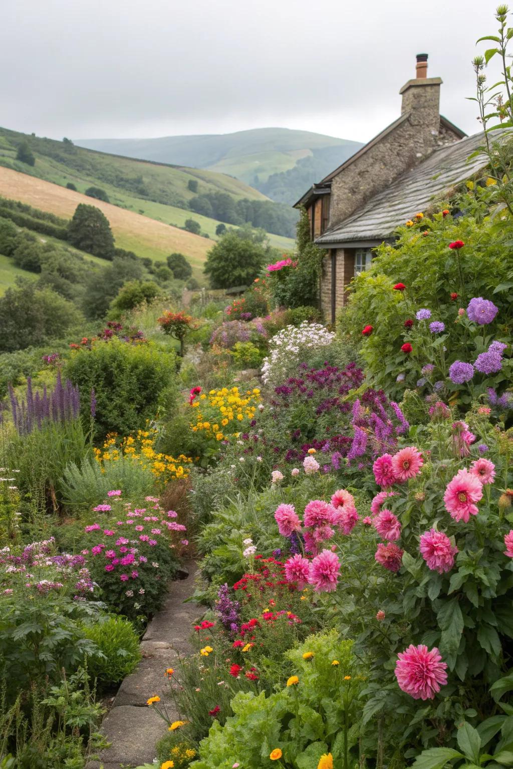 Cottage gardens bring fairytale charm to a hillside.