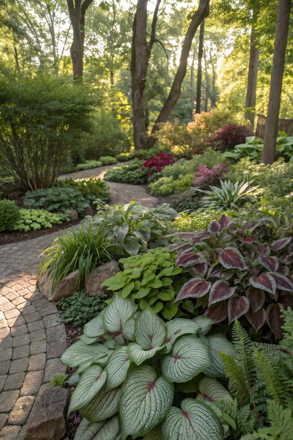 Textured plants create a visually engaging landscape in shaded areas.