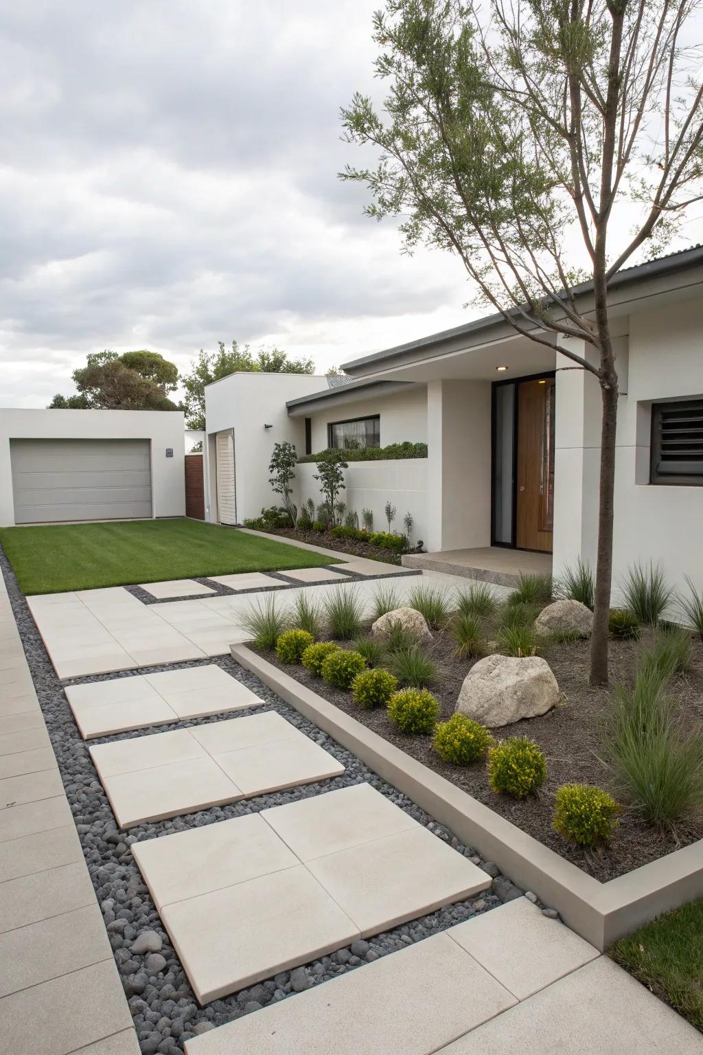 A modern minimalist front yard featuring clean lines and understated elegance.