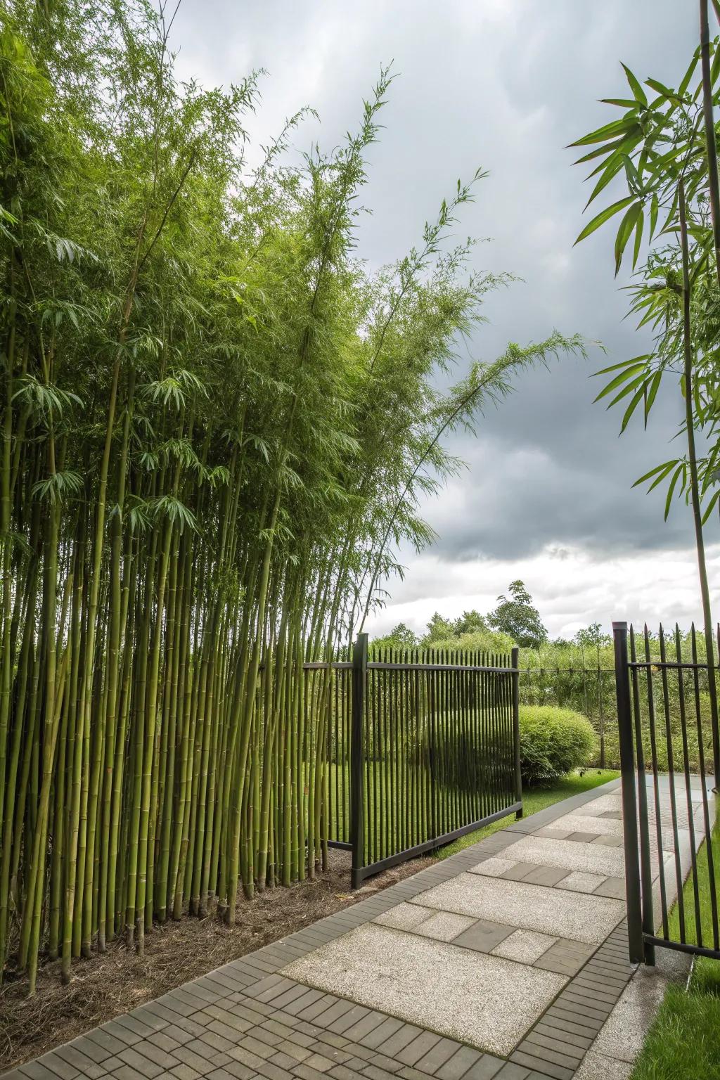 Bamboo stalks provide a natural privacy screen for the fence.