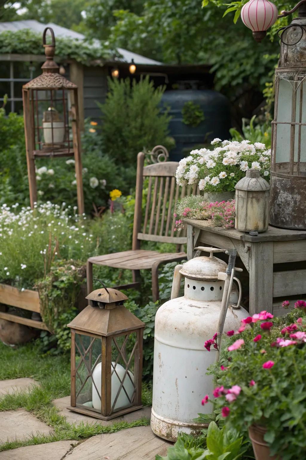 Rustic decor adds charm and effectively conceals the propane tank.