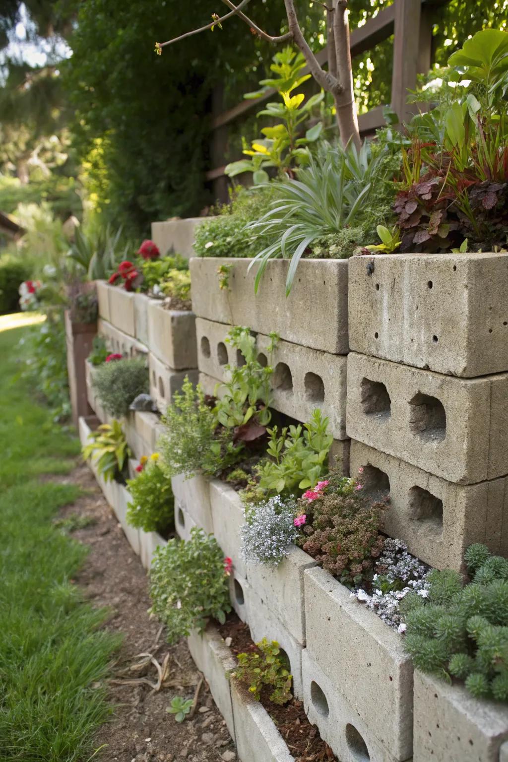 A creative planter wall using cinder blocks.