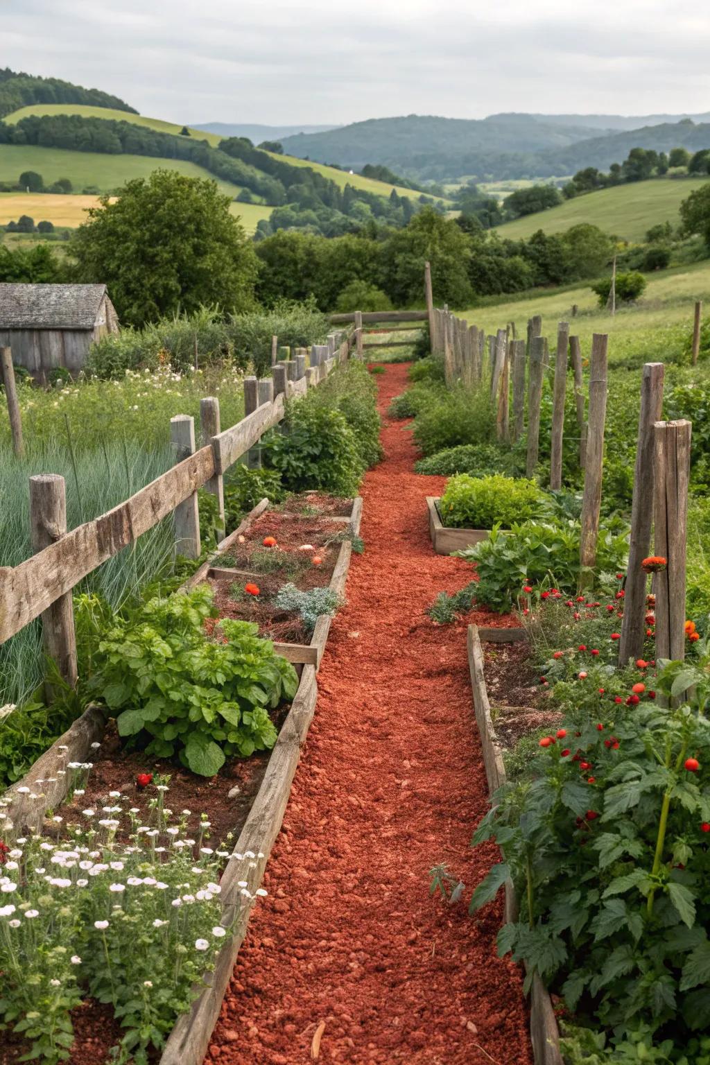 Rustic charm with red mulch and greenery.