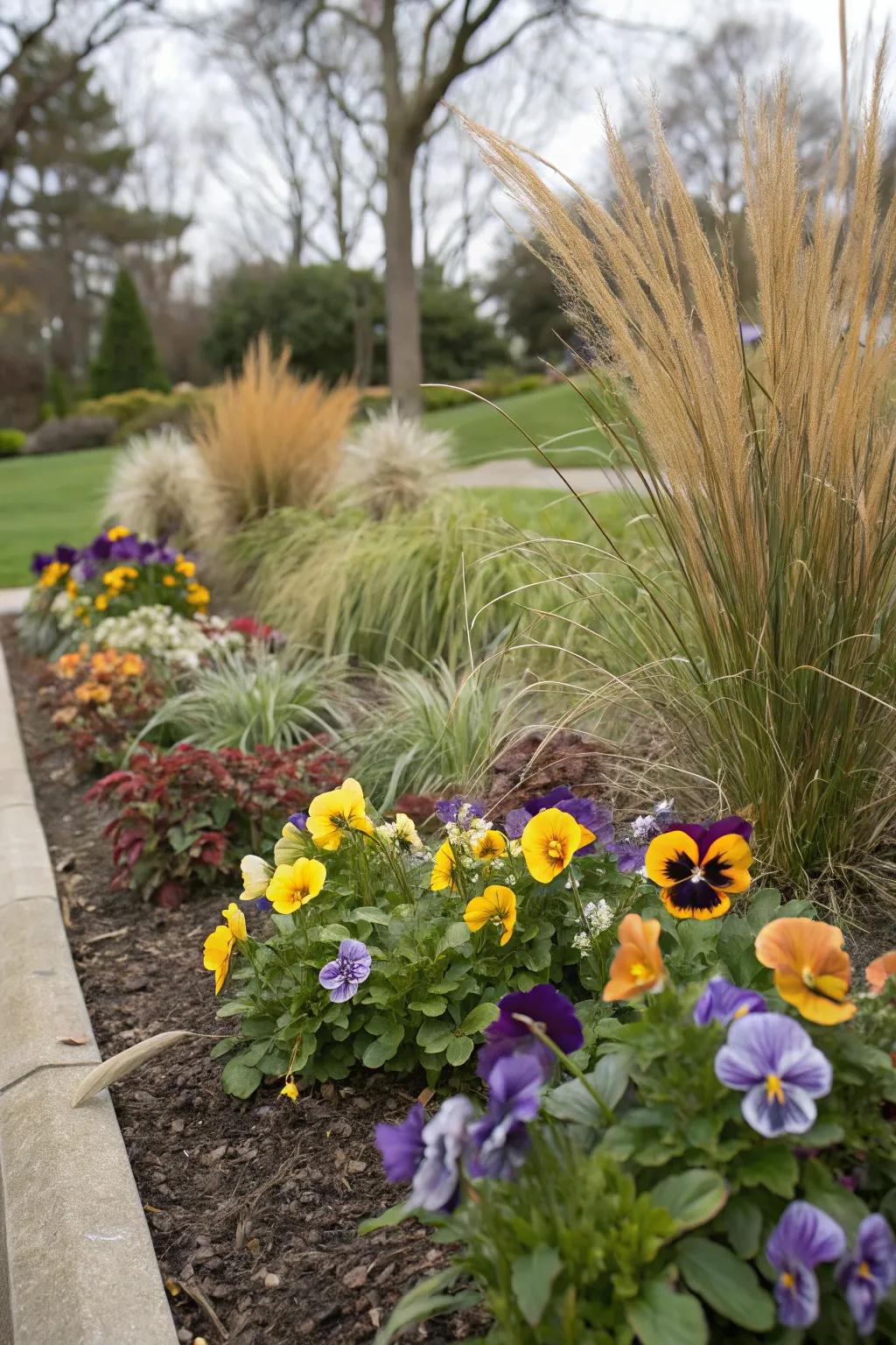 A harmonious mix of pansies and ornamental grasses.