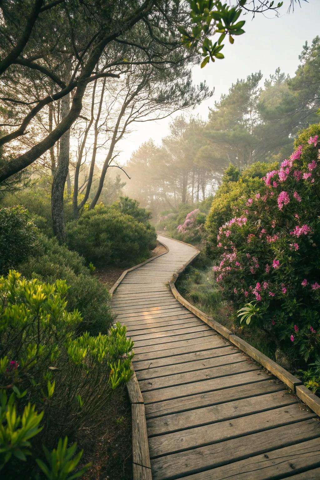Wooden pathways offer a rustic charm and connect you more closely to nature.