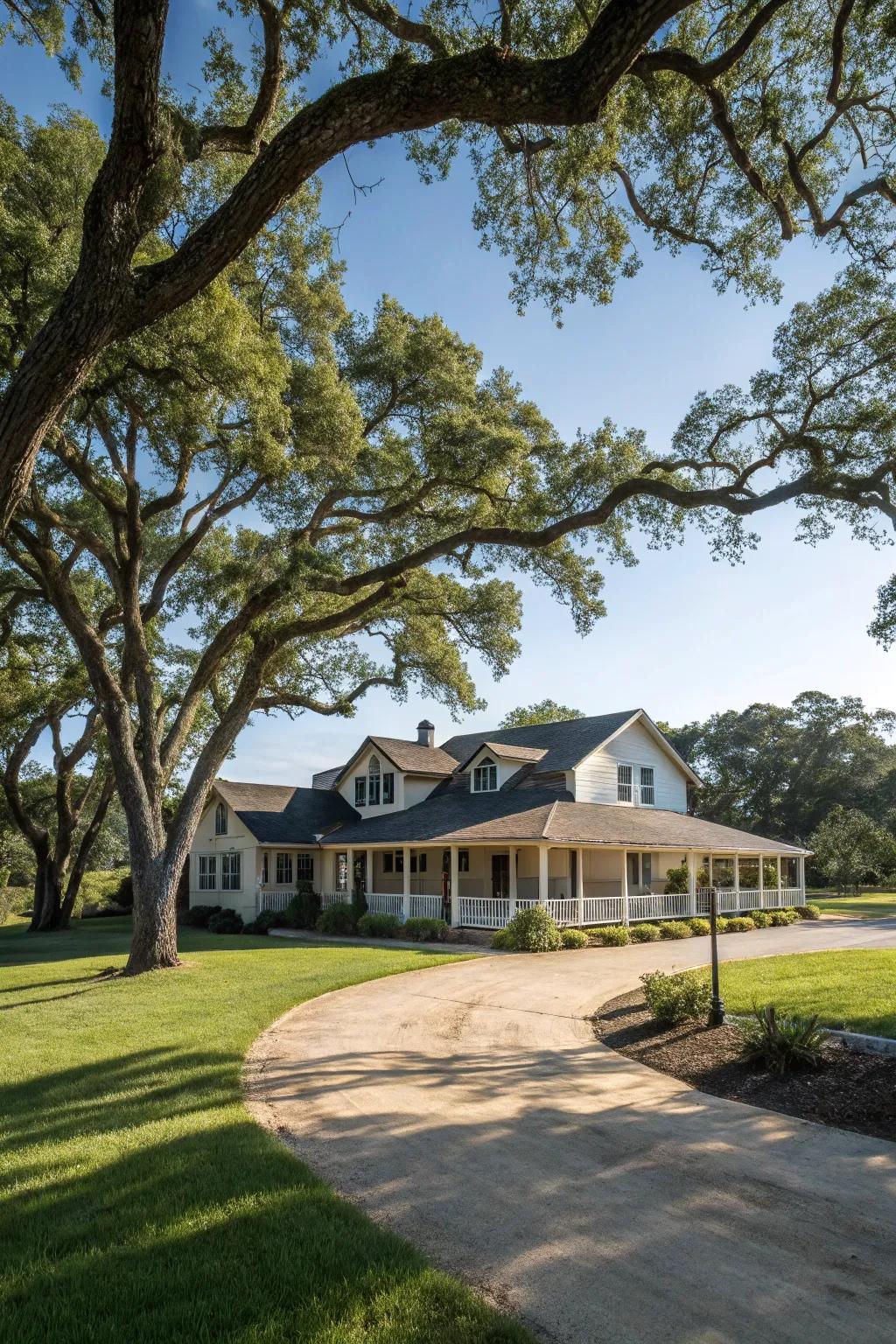 Strategically placed trees providing shade and aesthetic framing for a ranch-style home.