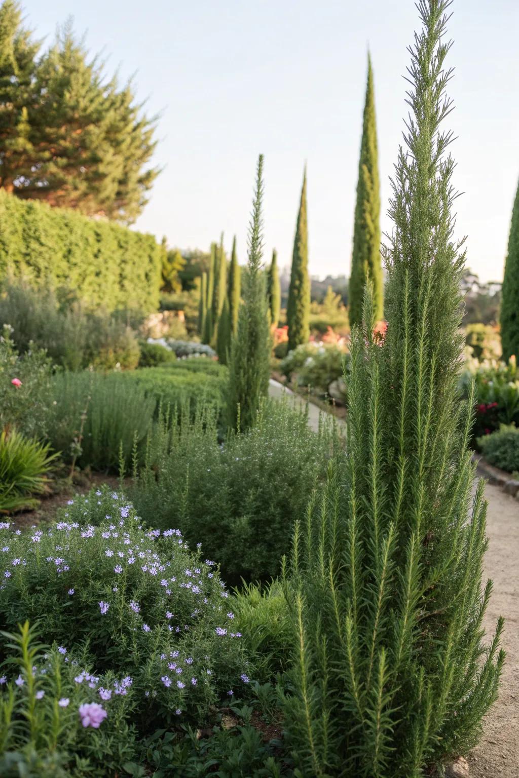 Tall rosemary bushes adding vertical interest to a garden.