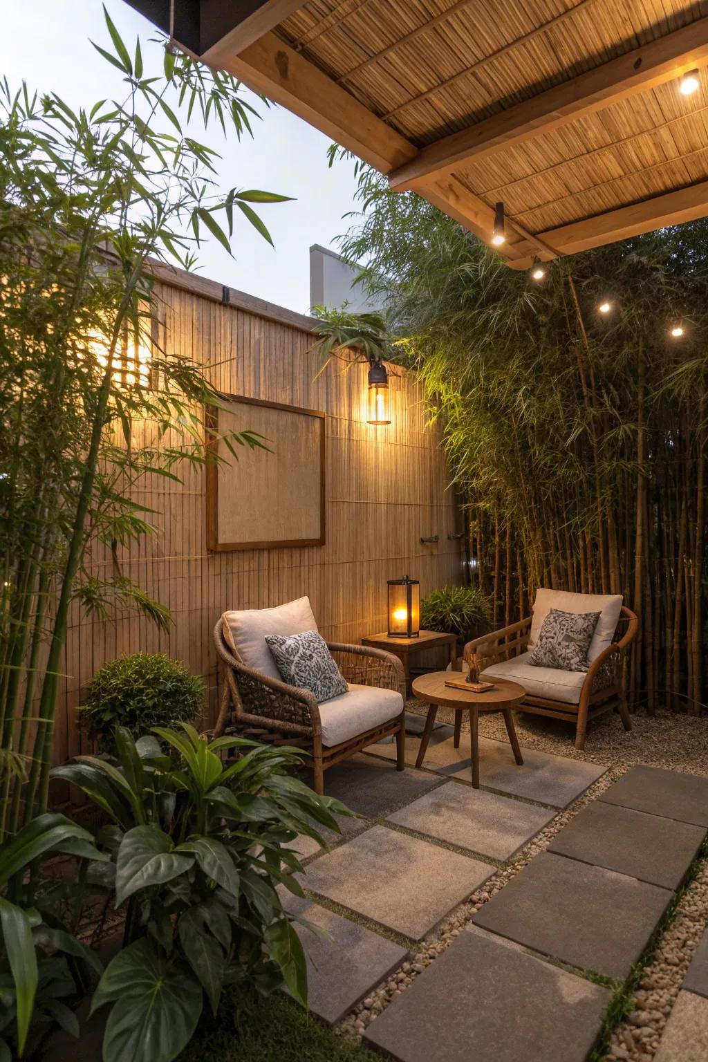Transform your patio into a serene escape with bamboo accents.